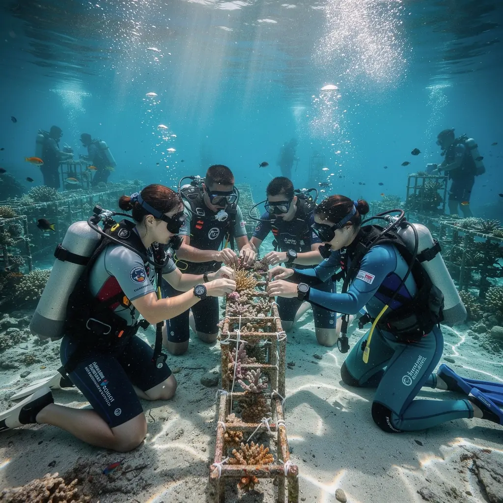 Bunte Korallenriffe mit verschiedenen Fischarten, die in klaren Gewässern schwimmen.